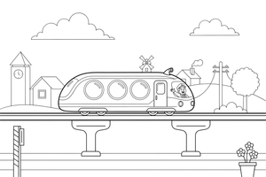 A monorail gliding on a single elevated rail – Rail Rail coloring page