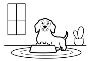 Dachshund eating from a food bowl – Busy Dachshund Dog coloring page