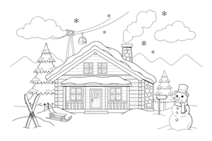 A wooden ski lodge with snow on the roof and lit windows – Charming Ski Resort Place coloring page