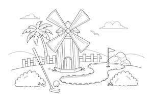 A mini golf course with a windmill obstacle and a putter – Fun & Leisure Place coloring page