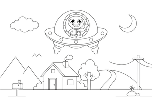 A alien waving from the window of a flying saucer – Friendly Alien coloring page