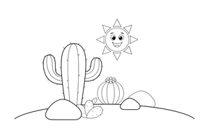 A desert scene with tall cacti, rocks and a sun – Vibrant Cacti & Succulents coloring page