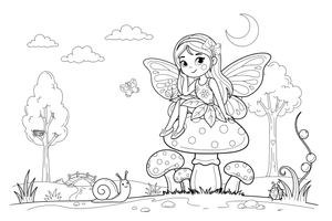 A fairy resting on a mushroom – Dancing Fairy Fairies coloring page