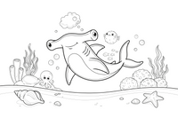 A shark family — one big shark and two little baby sharks swimming together – Curious Shark coloring page