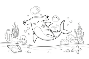 A shark family — one big shark and two little baby sharks swimming together – Curious Shark coloring page