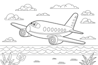Airplane Flying Over the Sea – Airplane Sky Scenes coloring page