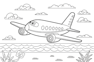 Airplane Flying Over the Sea – Airplane Sky Scenes coloring page