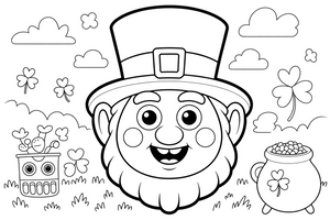 One big leprechaun face up close, filling the page, tall buckled hat and round cheeks – St. Patrick's Day coloring page