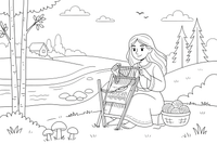 A long-haired fairy woman sitting by a river, weaving cloth – Lietuviškos pasakos coloring page