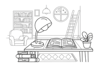 A reading lamp on a wooden desk with an open book – Cozy Library Place coloring page
