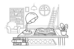 A reading lamp on a wooden desk with an open book – Cozy Library Place coloring page