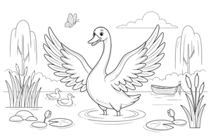 A swan flapping its wings on the water – Elegant Swan Bird coloring page