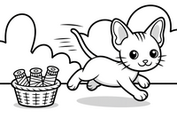 Sphynx dashing past a basket of threads – Sphynx Cat in Motion coloring page