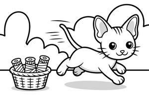 Sphynx dashing past a basket of threads – Sphynx Cat in Motion coloring page