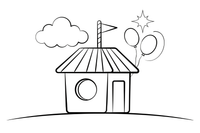 A little ticket booth with a striped roof – Thrilling Amusement Park coloring page