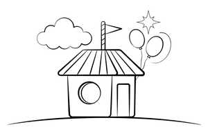 A little ticket booth with a striped roof – Thrilling Amusement Park coloring page