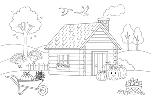 A cozy log cabin with pumpkins by the door – Thanksgiving Autumn coloring page