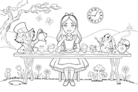 Alice sitting at the tea party with mismatched cups all around – Alice in Wonderland Story coloring page