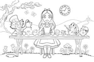 Alice sitting at the tea party with mismatched cups all around – Alice in Wonderland Story coloring page