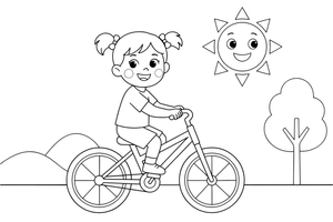 A girl riding a bicycle in the sunshine – Healthy Habits coloring page