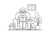 A grandpa reading in a chair with a grandchild – Happy Family Moments coloring page