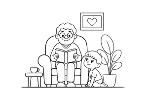A grandpa reading in a chair with a grandchild – Happy Family Moments coloring page