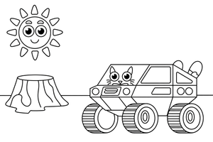 A space rover next to a big crater – Space Rover Trails coloring page