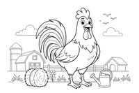 A rooster with a big tail and a tall comb standing in the farmyard – Playful Farm Animal coloring page
