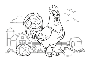 A rooster with a big tail and a tall comb standing in the farmyard – Playful Farm Animal coloring page