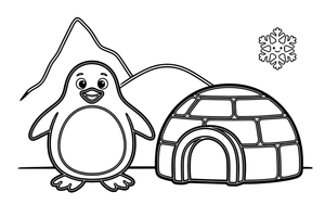 A penguin next to an igloo – Penguin Arctic Adventure coloring page