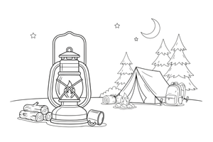 A lantern on the ground by the tent – Essential Camping Gear coloring page