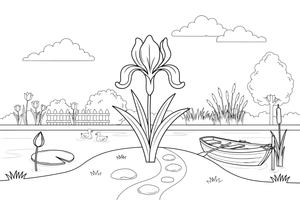 An iris on a tall stem by the pond – Popular Flowers coloring page