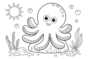 A large octopus with round suckers (outlined, no fill) on its arms, sitting on a rock with seaweed and bubbles around – Octopus coloring page