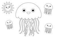 A mother jellyfish floating with two tiny baby jellyfish – Glowing Jellyfish coloring page