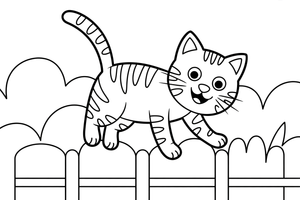 Tabby Cat balancing on a fence – Tabby Cat at Play coloring page