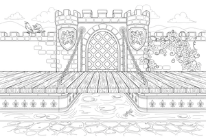 A castle drawbridge and gate (close-up) – Castle coloring page