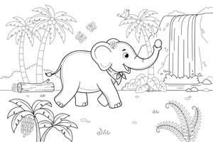 An elephant walking past a jungle waterfall – Gentle Elephant Wild coloring page