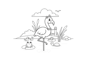 A flamingo standing on one leg in the water – Flamingo Pond coloring page