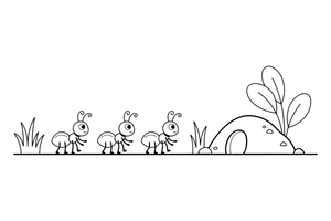Three little ants walking in a line toward an anthill – Insects & Bugs Insect coloring page