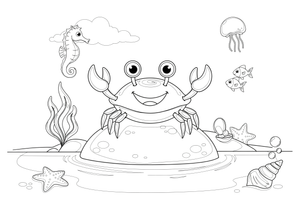 A crab on a rock in a tide pool – Colorful Sea Creature coloring page