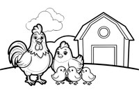 A rooster with a hen and little chicks – Rooster Farm Animal coloring page