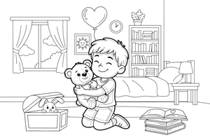 A loving boy hugging a teddy bear – Feelings coloring page