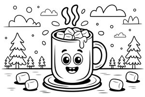 A mug of hot cocoa with marshmallows floating on top and steam rising – Refreshing Drinks coloring page