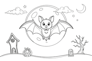 A bat flying around a full moon – Halloween Bat coloring page
