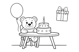 A teddy bear sitting at a table with a birthday cake – Birthday Cake Wishes coloring page