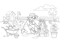 A woman planting flowers along a garden path – Garden & Gardening coloring page