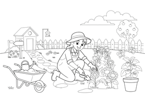A woman planting flowers along a garden path – Garden & Gardening coloring page