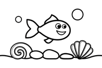 A goldfish with pebbles and shells below – Goldfish coloring page