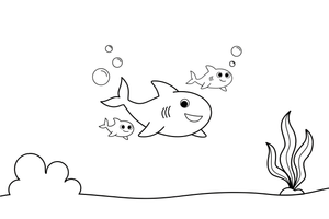 A shark family — one big shark and two little baby sharks swimming together – Curious Shark coloring page