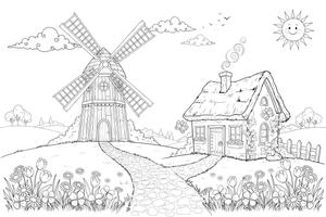 A windmill with a little cottage beside it – Windmill coloring page